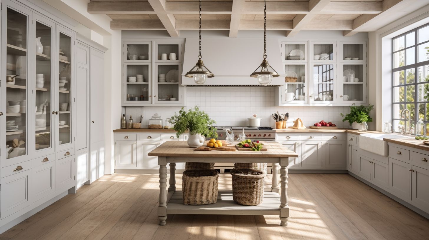 A farmhouse-inspired kitchen with whitewashed cabinets and a wide-angle view.