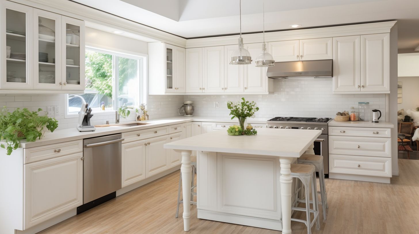 A well-maintained modern kitchen with whitewashed cabinets, highlighting their beauty and clean appearance.