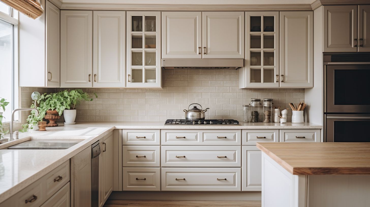 A well-maintained kitchen with whitewashed cabinets, showing their beauty and clean appearance.
