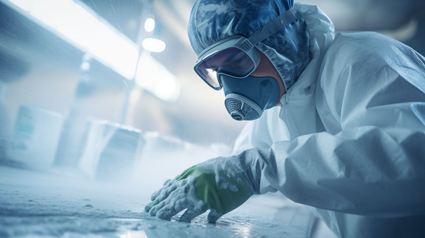The photo shows a person wearing a blue protective gear while mixing whitewashing solution for an interior design project.