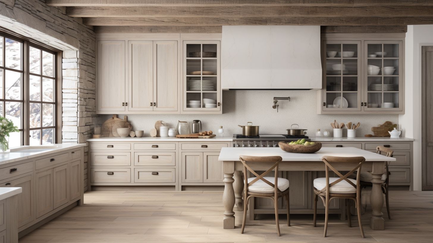 The image shows a more modern rustic kitchen with whitewashed cabinets and a fancy interior