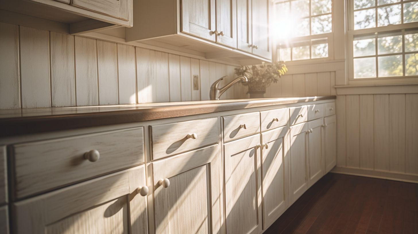 The photo shows whitewashed cabinets with sunlight streaming in, highlighting the wood grain.