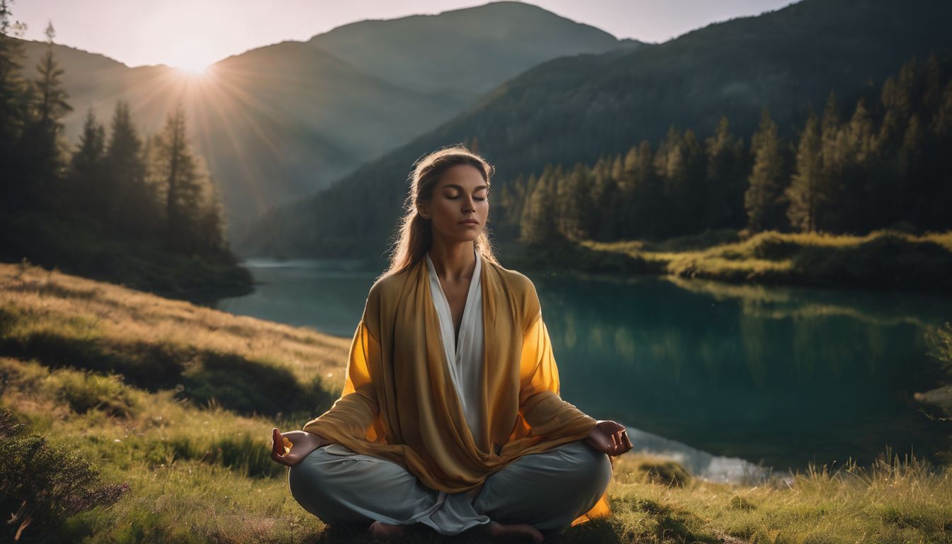 A person meditating in a peaceful natural setting surrounded by diverse individuals, with clear and vivid photography.