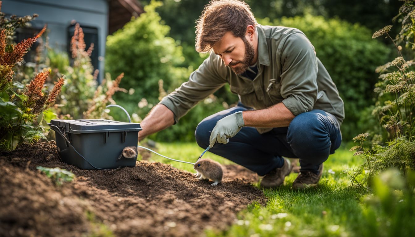 A professional pest control technician examining a vole infestation in a backyard garden.