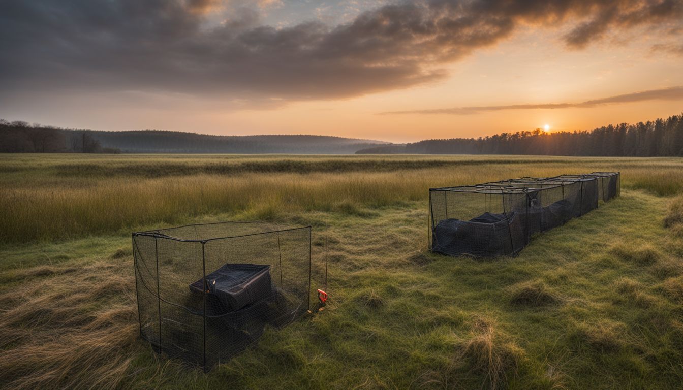 A photograph of catch and release traps set up in an open field to capture voles, with various photographers capturing the scene.