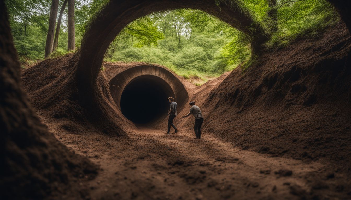 A photo of a mole creating tunnels underground with piles of soil in a bustling atmosphere.
