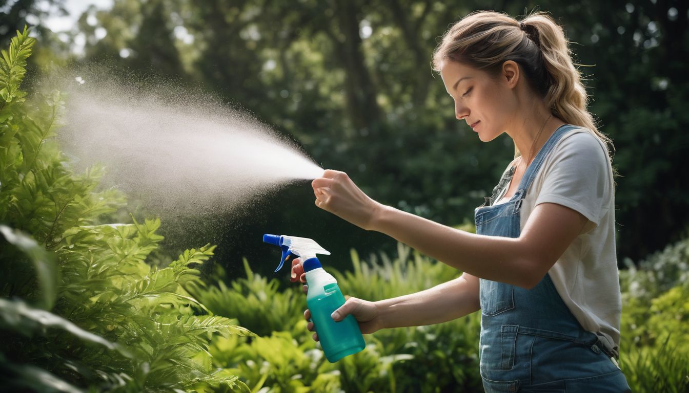 A person using a natural repellent mixture on a vibrant garden with diverse people in the background.