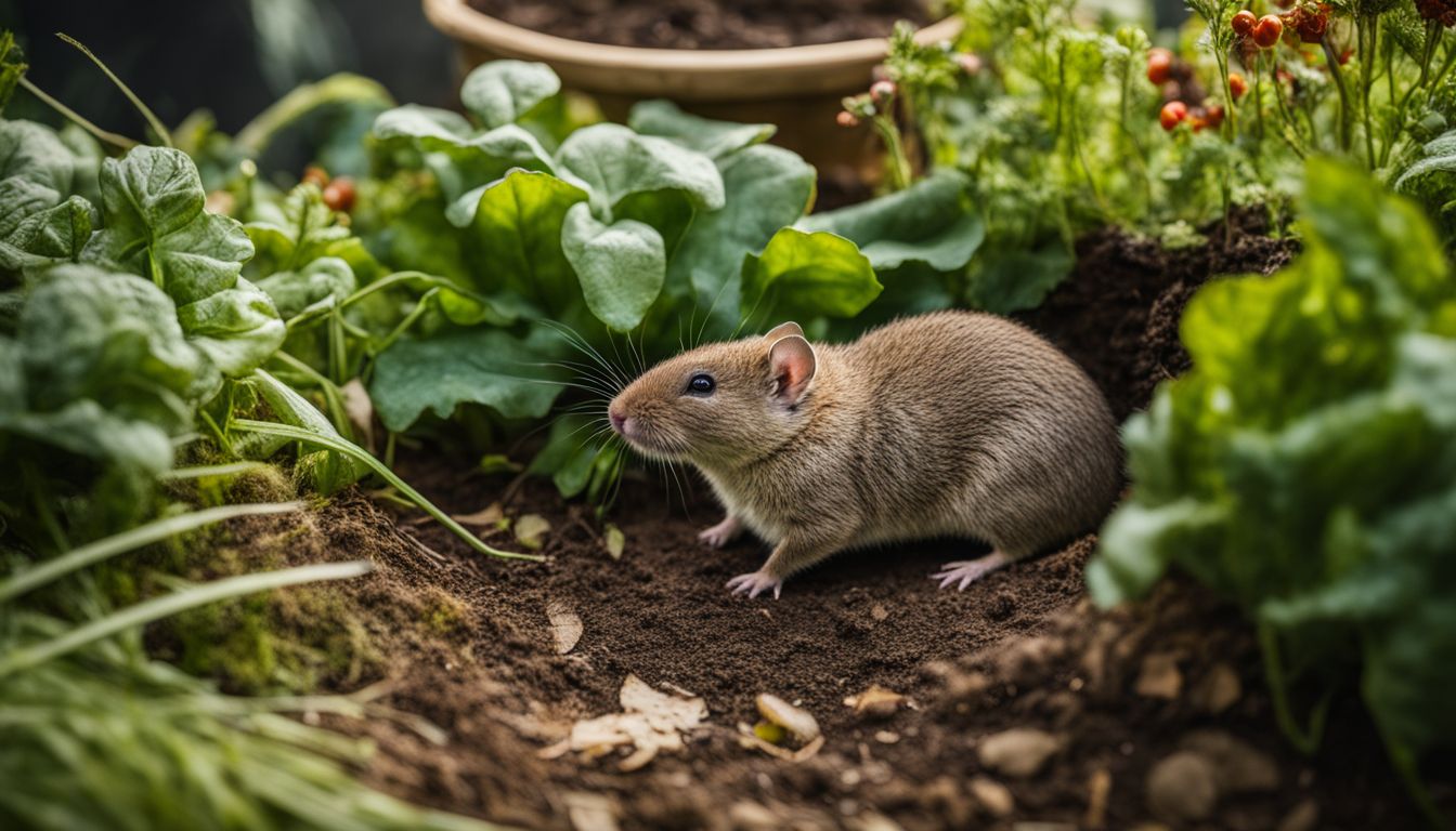 A vole burrowing through a garden surrounded by plants and vegetables, with people of different ethnicities and appearances.