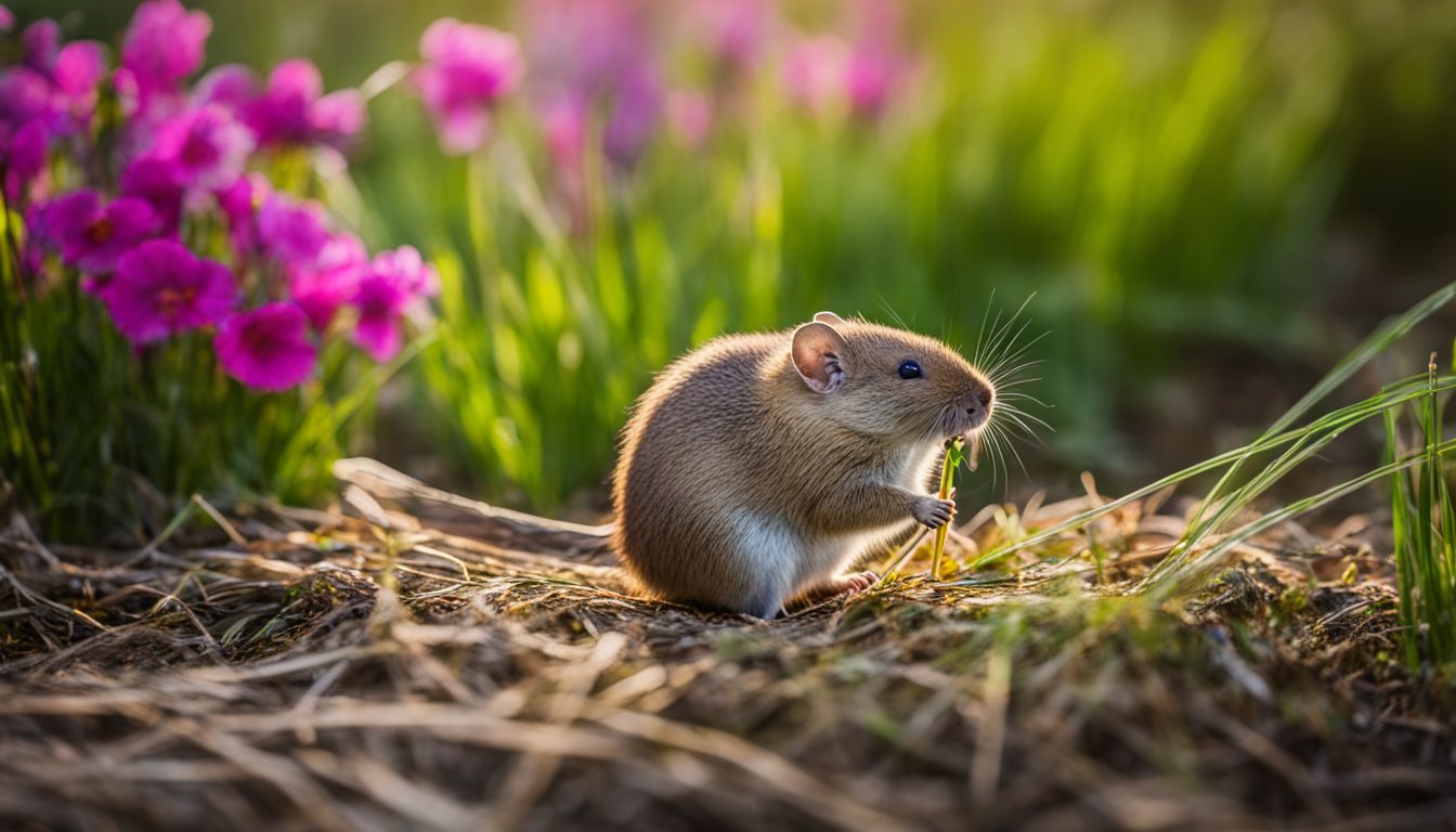 A vole eating grass in a vibrant garden, captured in a wildlife photograph with different people and a bustling atmosphere.