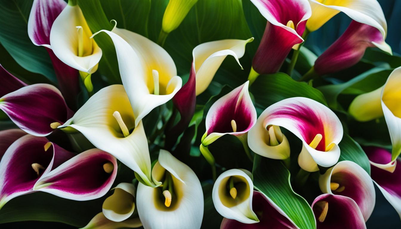 A photo of a colorful bouquet of Calla Lilies in a tropical garden with diverse people and outfits.