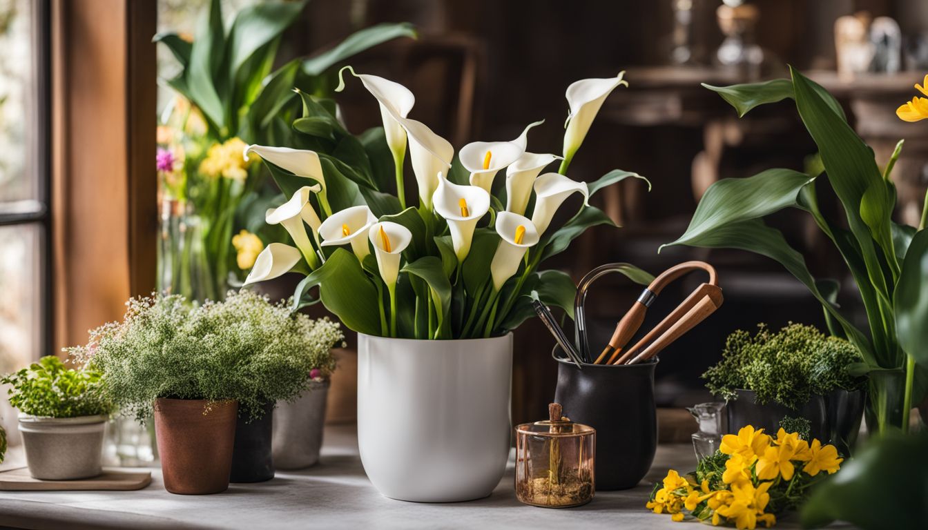 A photo of a potted calla lily surrounded by gardening tools and vibrant flowers, with a variety of people and scenes.