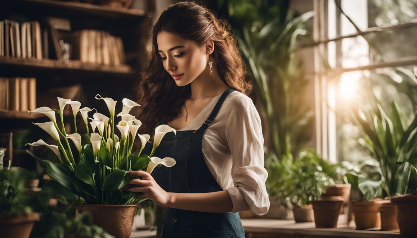 The photo shows a person holding a potted calla lily plant in a cozy indoor setting with various people and surroundings.