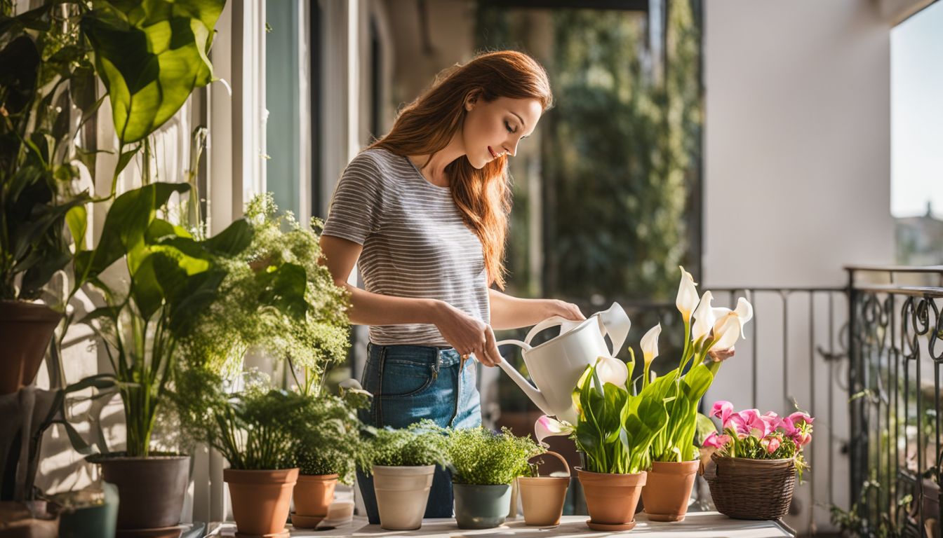 A woman tending to potted Calla Lilies on her balcony, with various appearances, in a bustling outdoor setting.