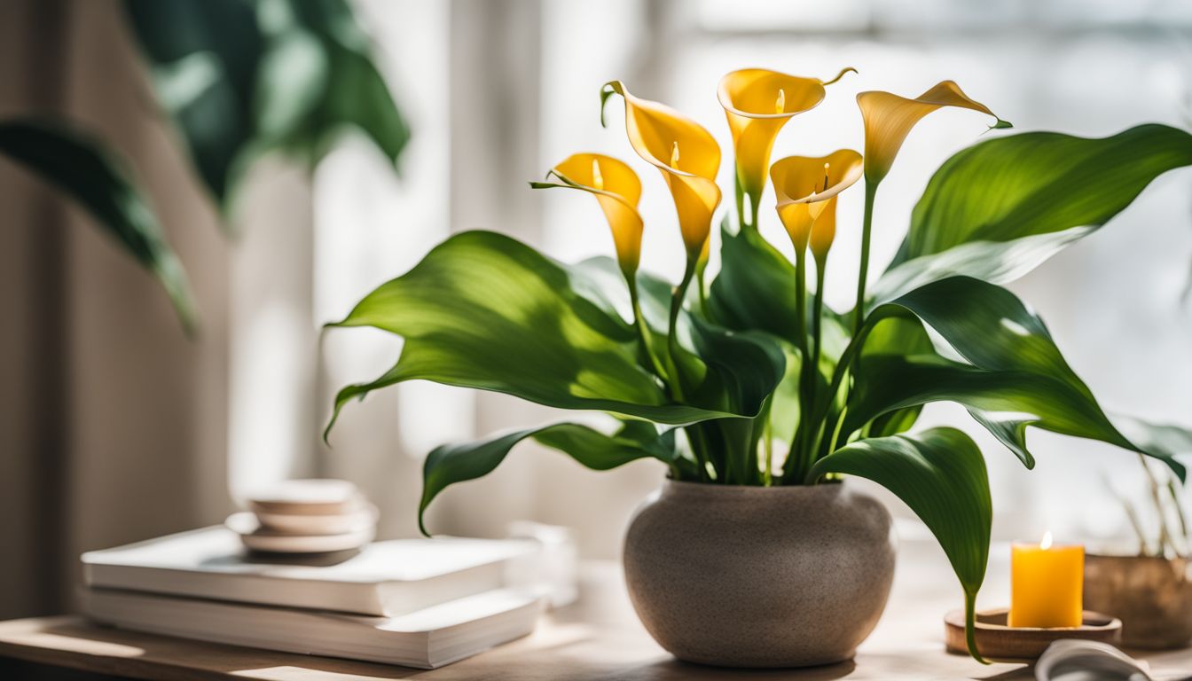 A photo of a vibrant Calla Lily plant in a room filled with people of diverse appearances and styles.