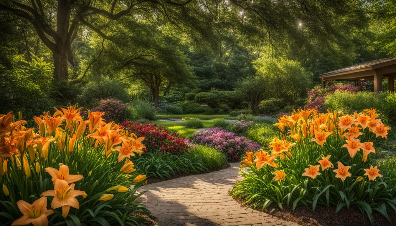 A vibrant garden with colorful daylilies in full bloom, featuring diverse people and their unique styles.