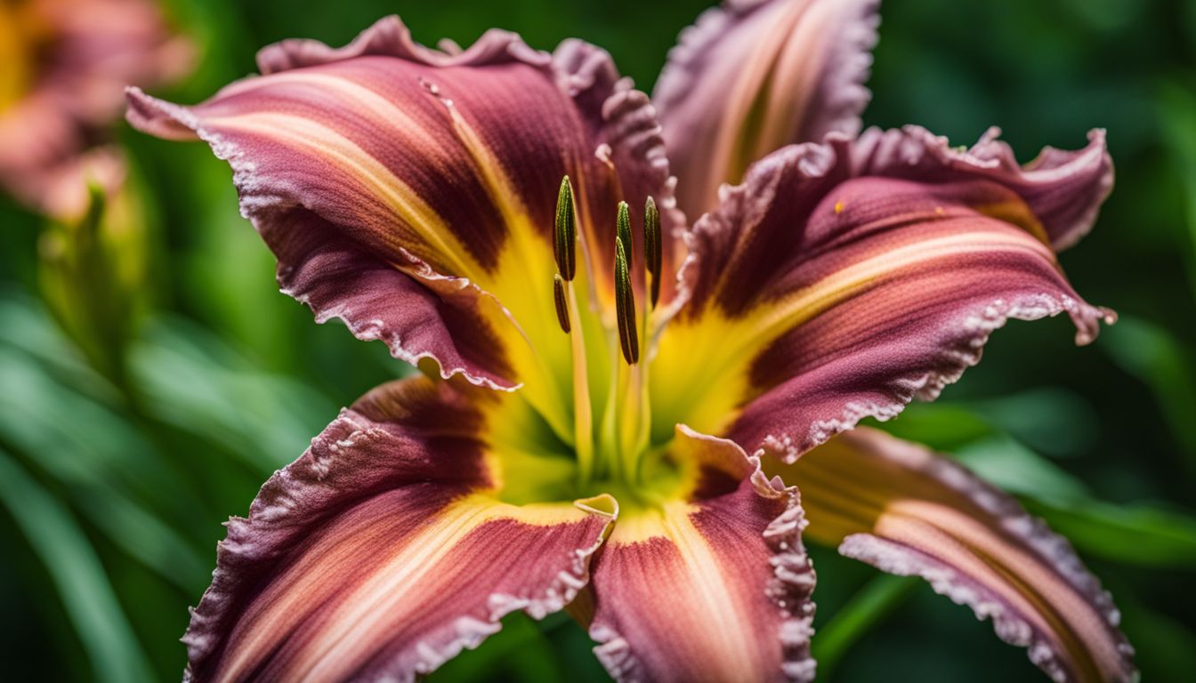 A vibrant daylily bloom against lush green foliage, featuring diverse faces, hair styles, and outfits in a bustling atmosphere.