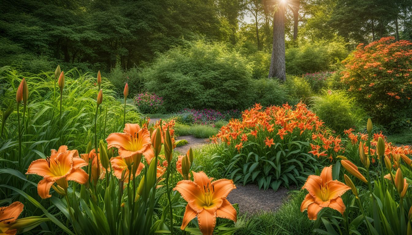 A colorful daylily garden with various flowers, people with different appearances and attire, captured in vivid detail.
