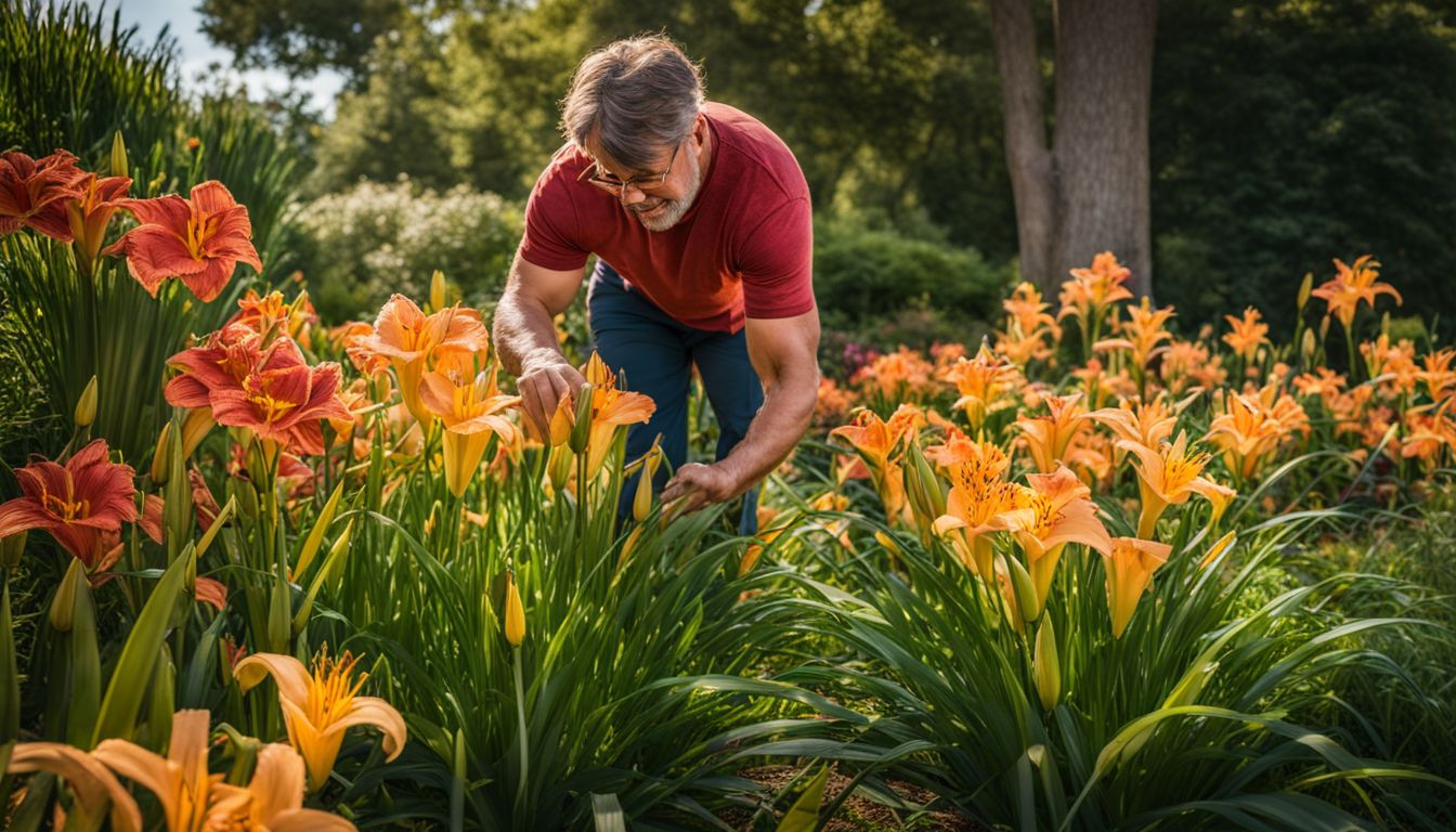 A gardener tending to daylilies in a vibrant garden, with people of various appearances working and a bustling atmosphere.