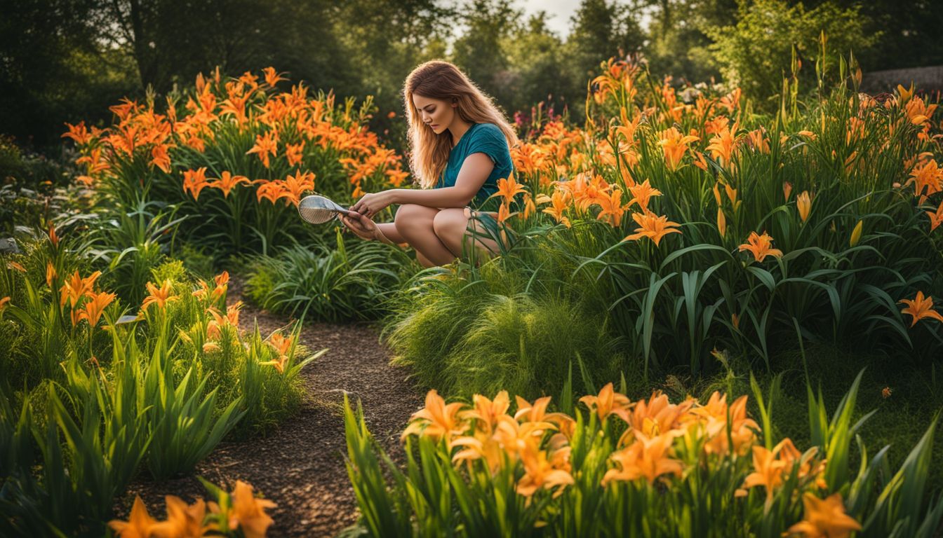 A Caucasian gardener tends to daylilies in a vibrant flower garden, surrounded by diverse people and a bustling atmosphere.