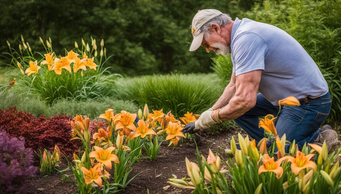 A gardener tending to daylilies in a vibrant flower bed, with a variety of people of different appearances and outfits.