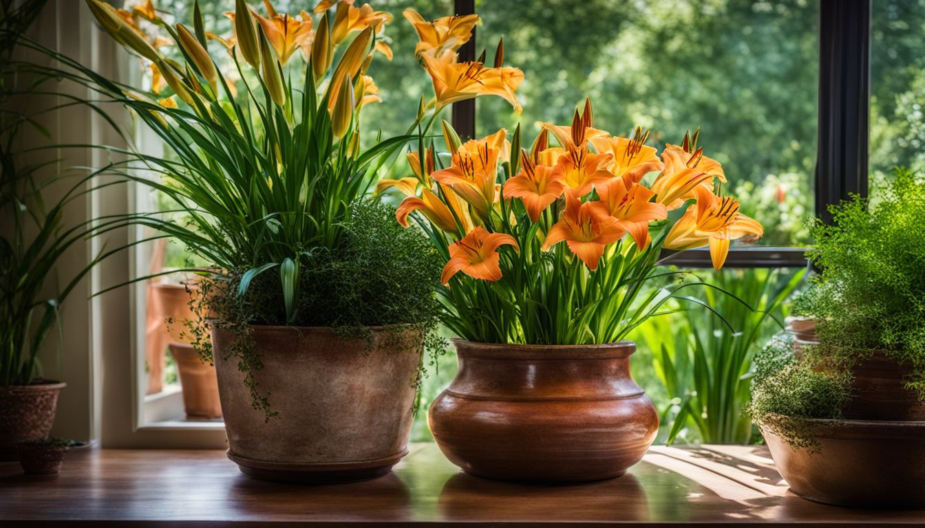 A vibrant pot of blooming daylilies surrounded by other potted plants, captured in a bustling outdoor setting.