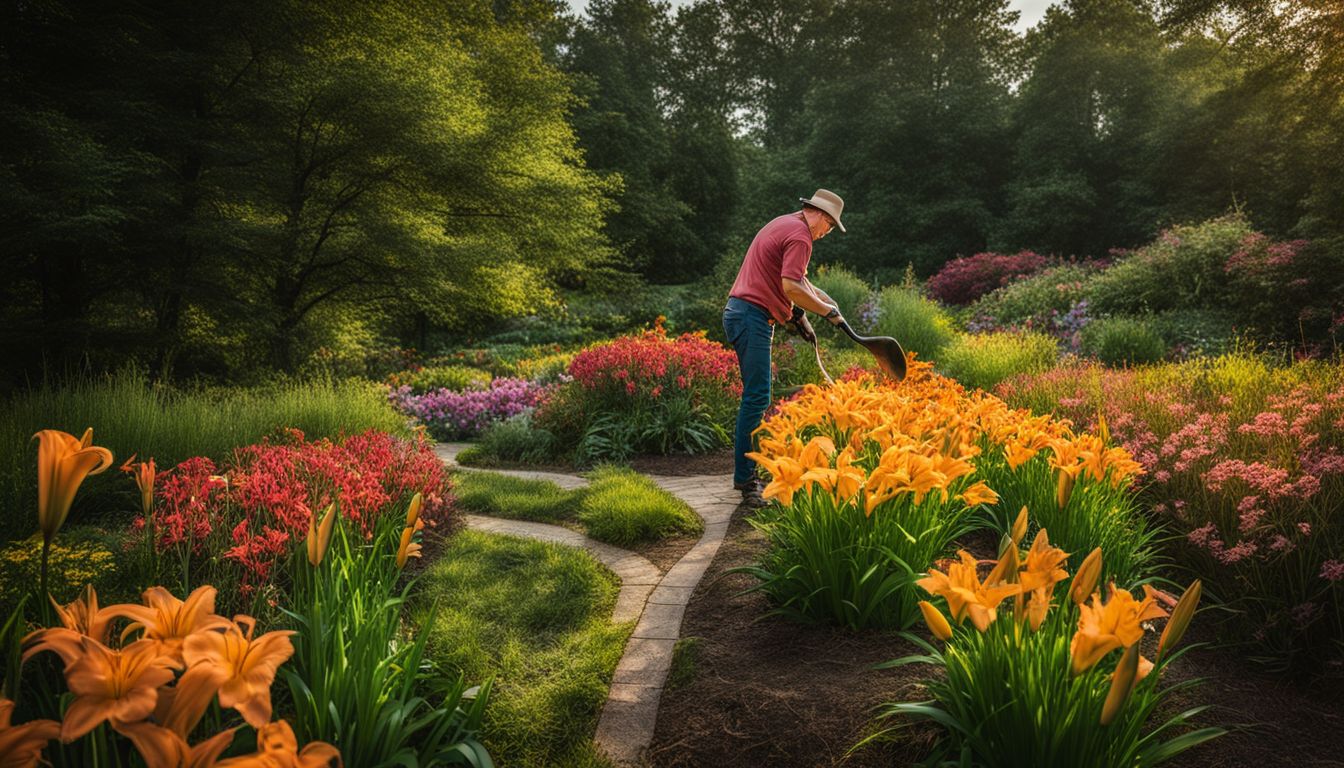 A gardener tending to a bed of vibrant daylilies in a lush garden, captured in a stunning photograph.