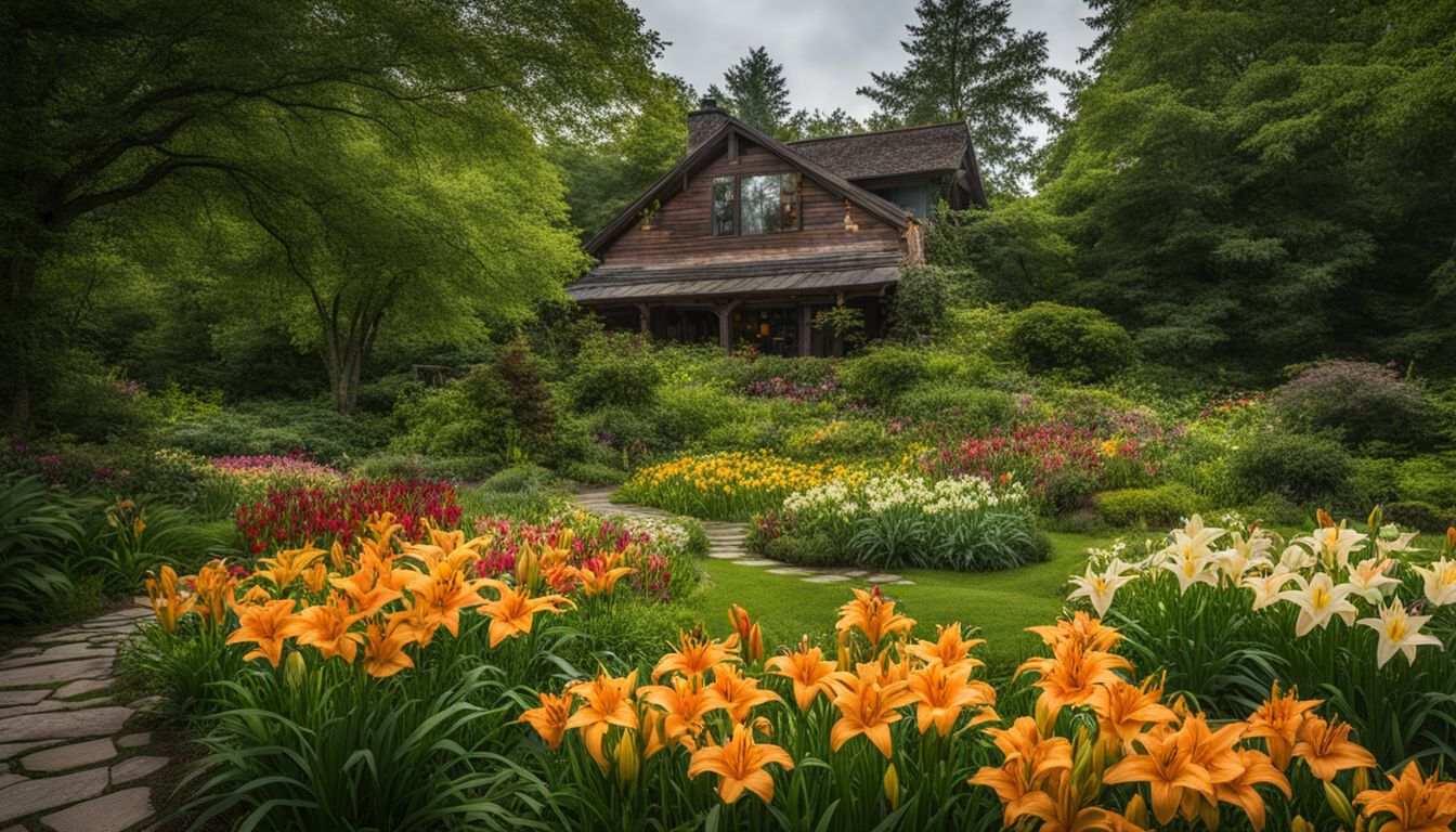 A beautiful garden filled with colorful daylilies and diverse people enjoying the vibrant and bustling atmosphere.
