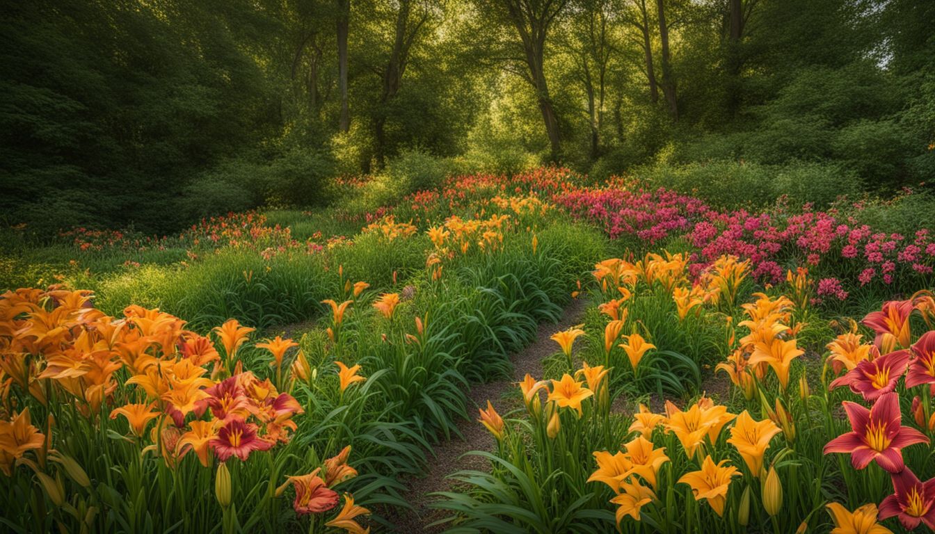 A vibrant field of daylilies in full bloom surrounded by lush greenery, featuring diverse people with various hairstyles and outfits.