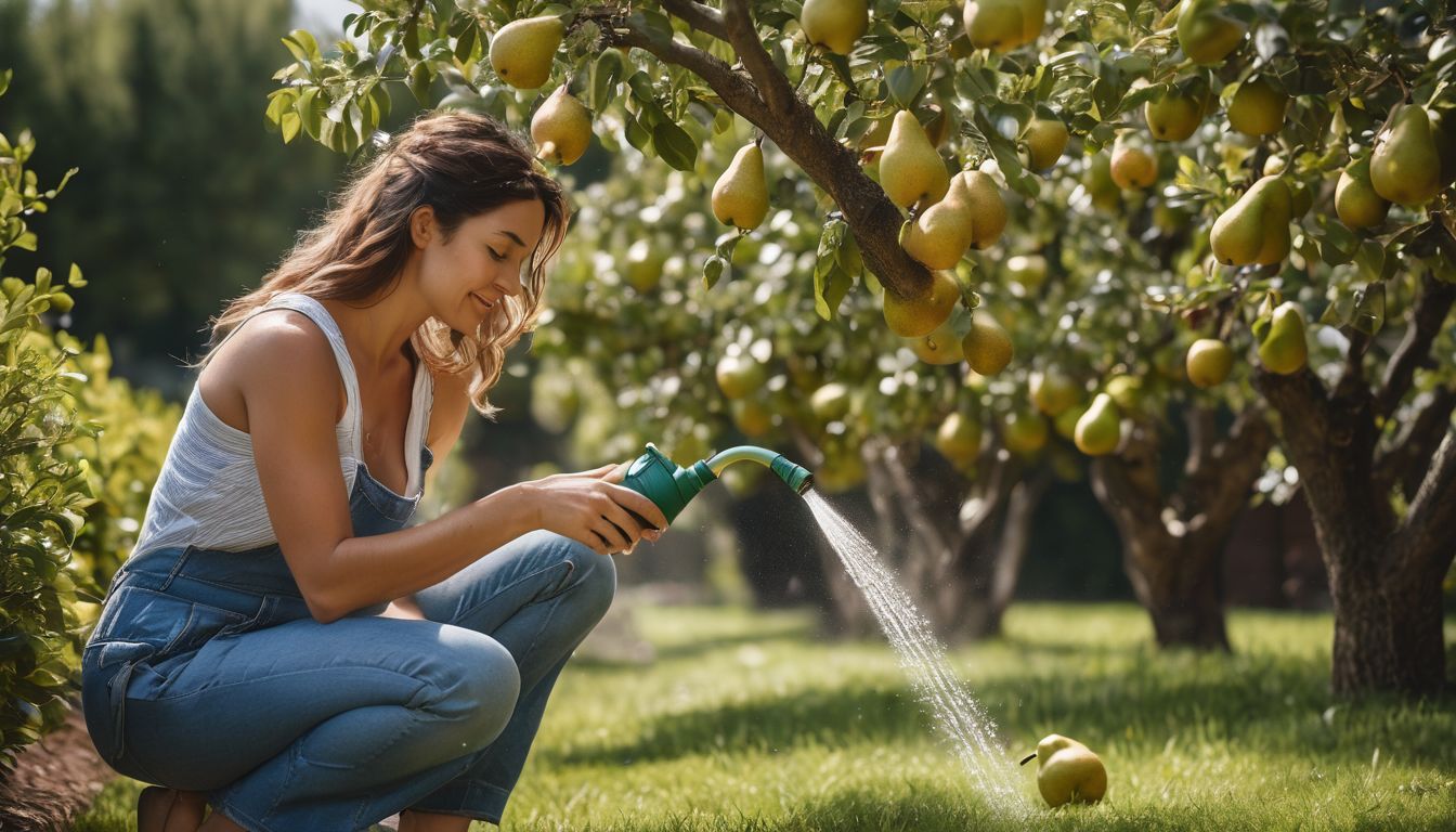 A person waters a pear tree in a sunny garden, while different people and a bustling atmosphere surround them.