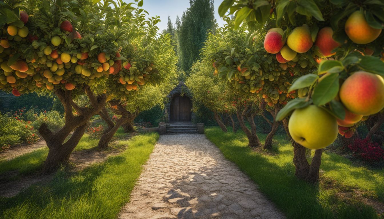 A vibrant orchard of semi-dwarf fruit trees surrounded by a well-maintained garden, featuring diverse people with detailed features and outfits.