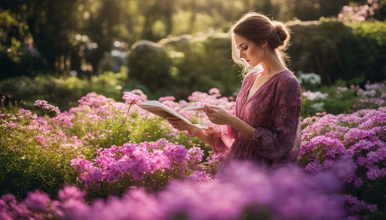 A woman tending to blooming flowers in a garden, captured with precision and clarity in a picturesque setting.