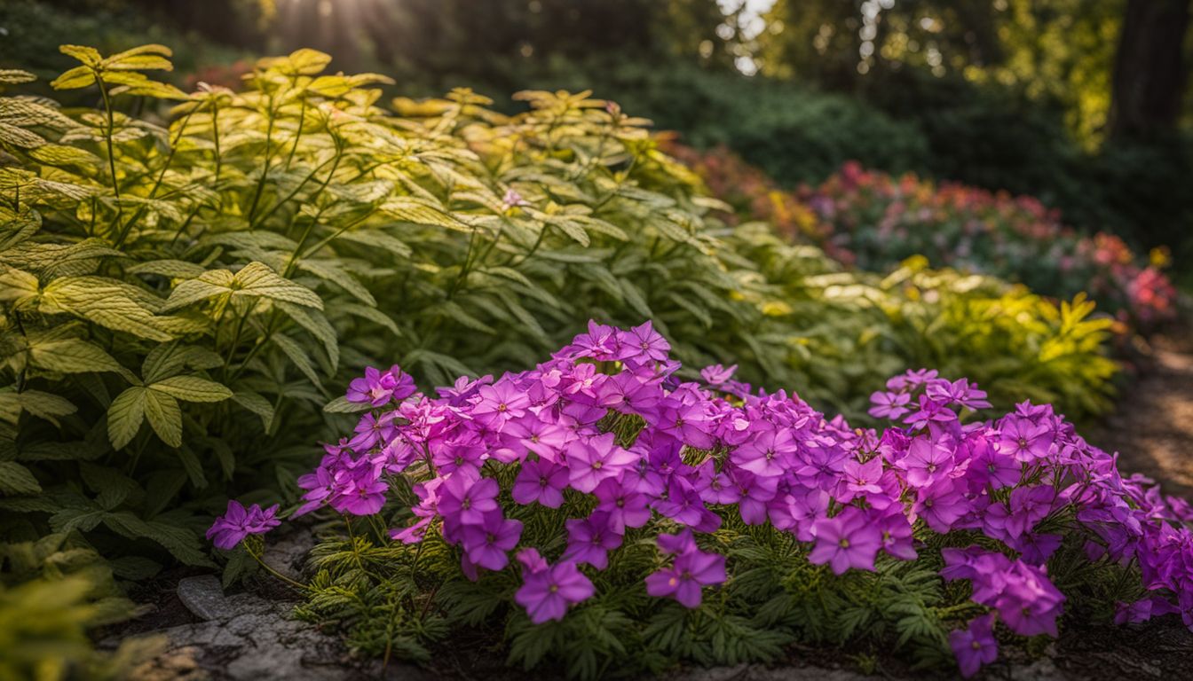 Yellowing leaves on creeping phlox surrounded by healthy plants, captured in a photo with various people and styles.