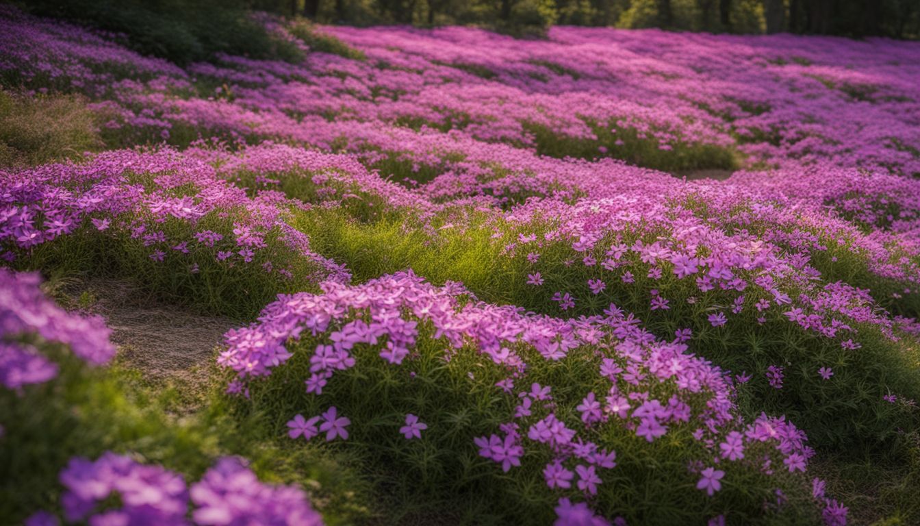A photo of a field of blooming creeping phlox surrounded by lush greenery with people of different ethnicities, hairstyles, and outfits.