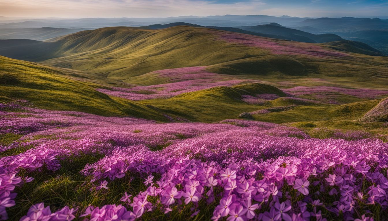 A beautiful field of colorful creeping phlox with a landscape in the background, showcasing diverse people and styles.