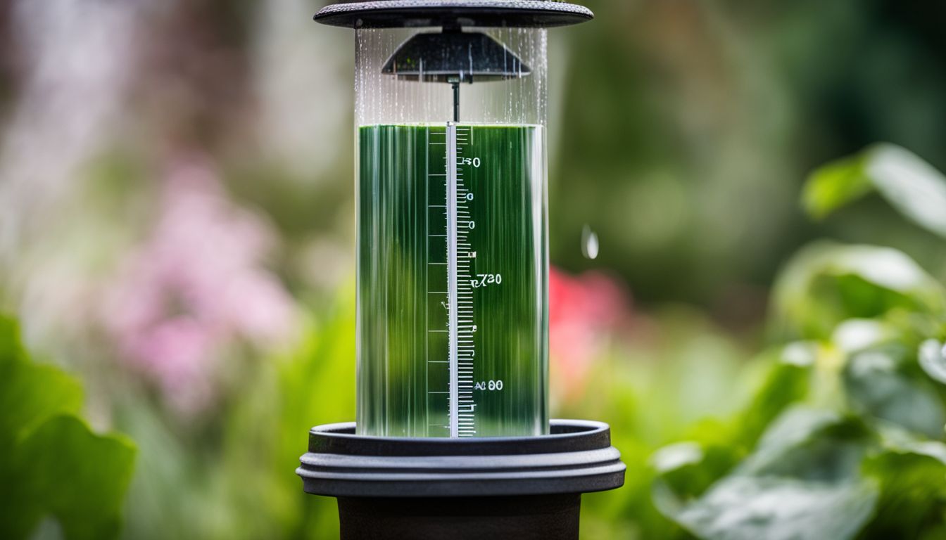 The photo shows a rain gauge measuring rainfall in a garden with people wearing different outfits and hairstyles.