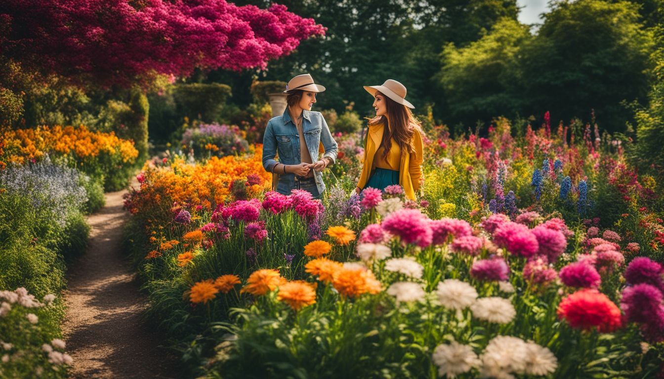 A vibrant garden filled with diverse flowers and people of different ethnicities, hairstyles, and outfits.