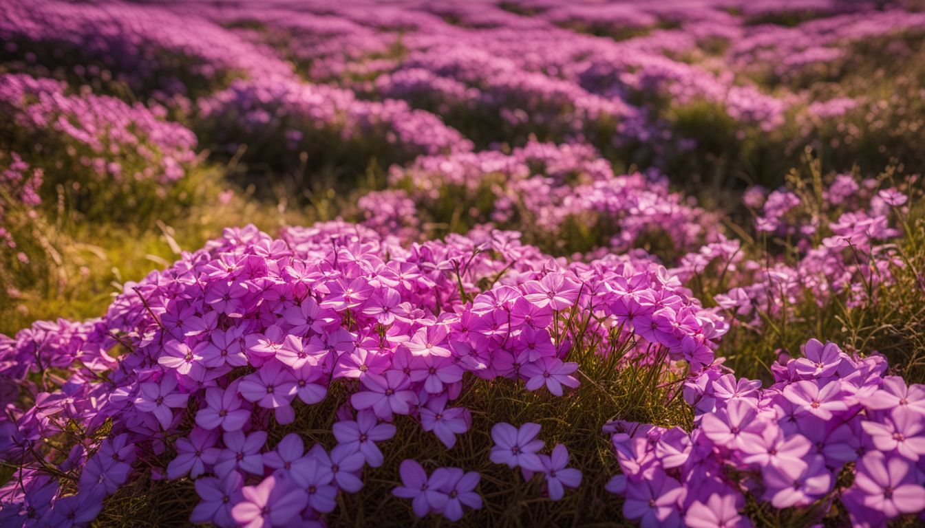 A photo of a field of blooming creeping phlox with a clear blue sky in the background.