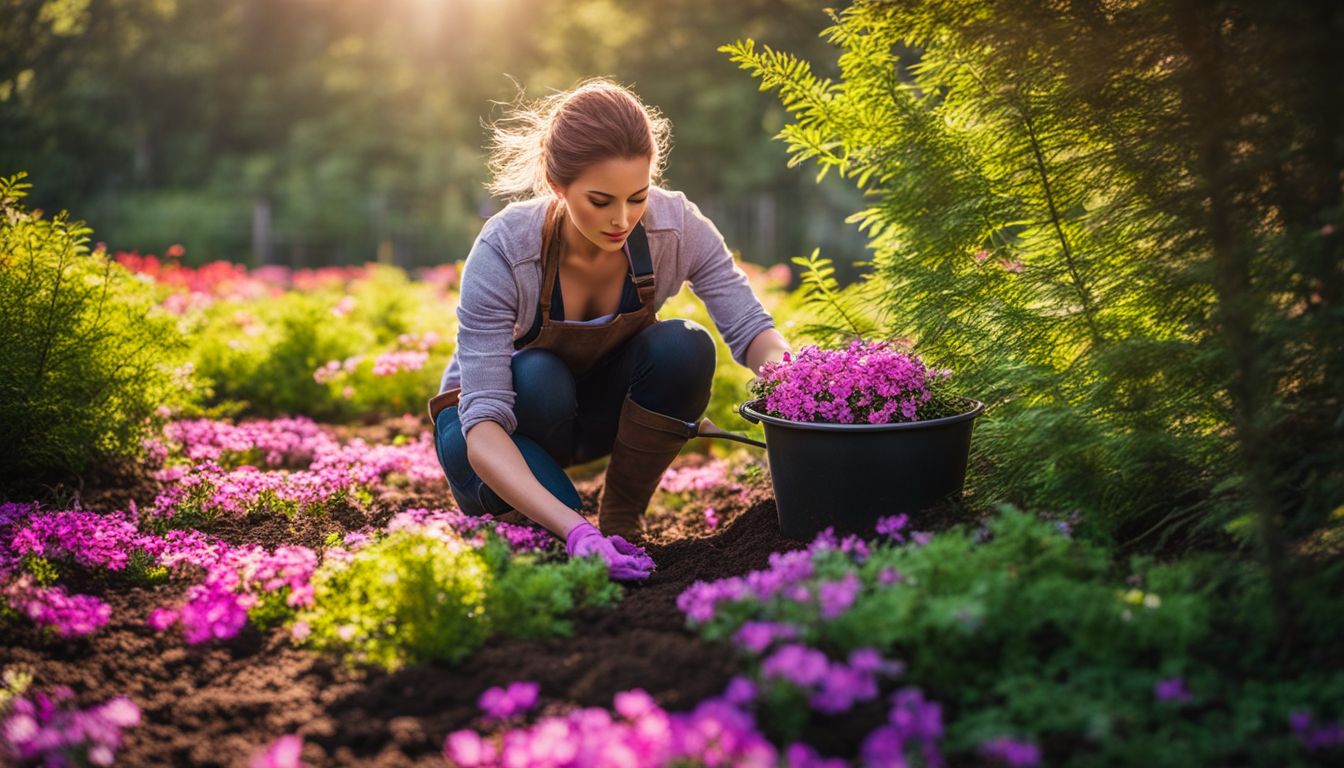 A gardener planting creeping phlox in rich soil, surrounded by trees and a bustling atmosphere.