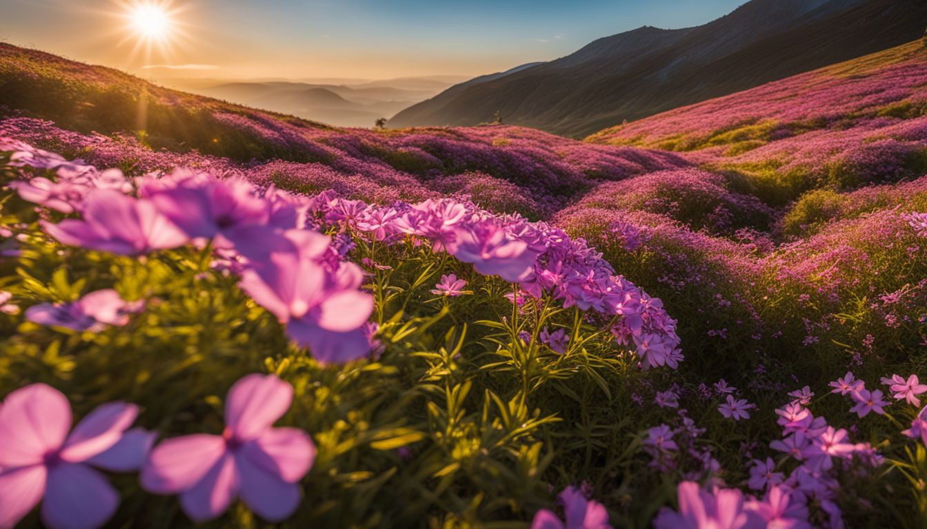 A colorful field of phlox flowers with people of diverse appearances and clothing, captured in a clear, vibrant photo.