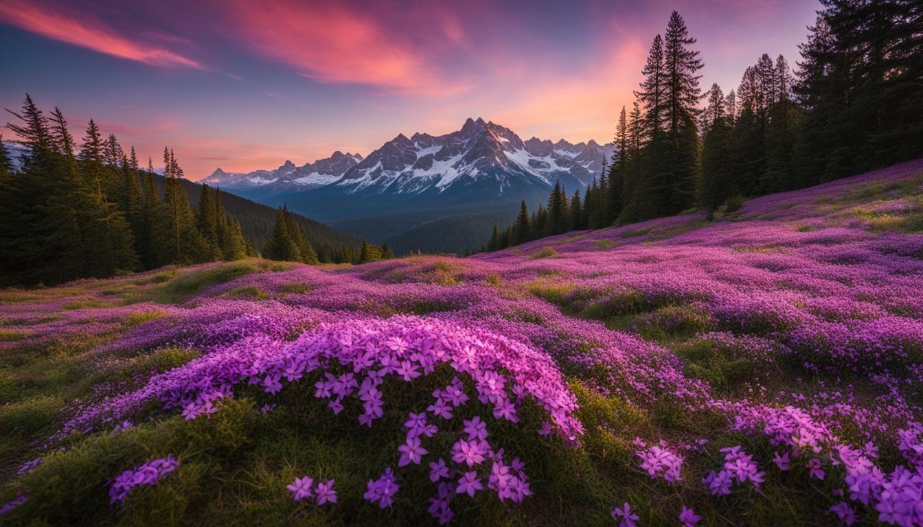 A vibrant field of blooming creeping phlox with trees and mountains in the background, showcasing different people with various styles and outfits.