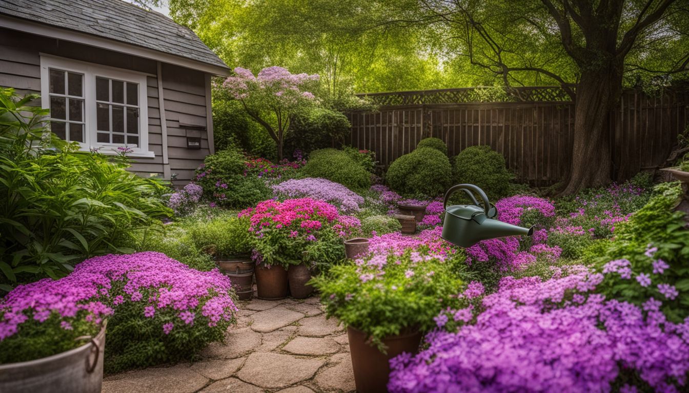 A vibrant garden with blooming flowers, diverse people, and watering cans, captured in a clear and detailed photograph.