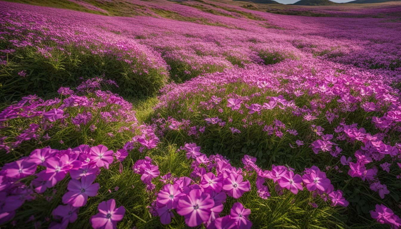 A vibrant field of colorful creeping phlox blooms with diverse people enjoying the beautiful scenery.