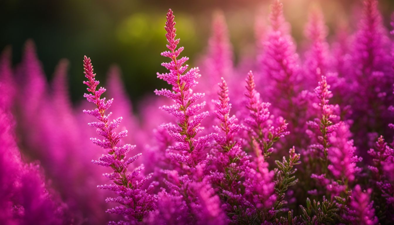 A close-up photo of a pink heather plant in a garden, with people of diverse appearances and outfits in the background.