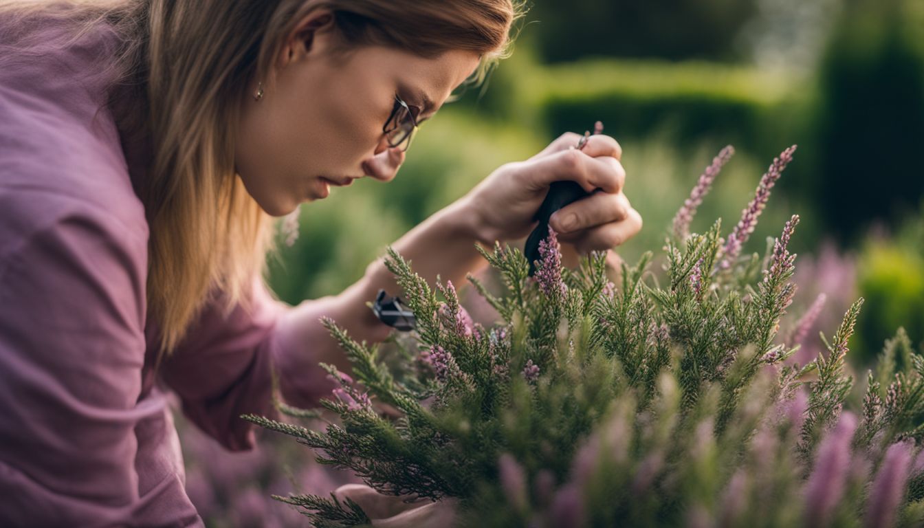 A gardener examines heather plants for pests in a well-lit environment with various people, styles, and plants.