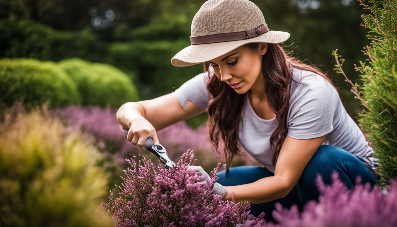 A gardener pruning heather plants in a beautifully landscaped garden with a bustling atmosphere.