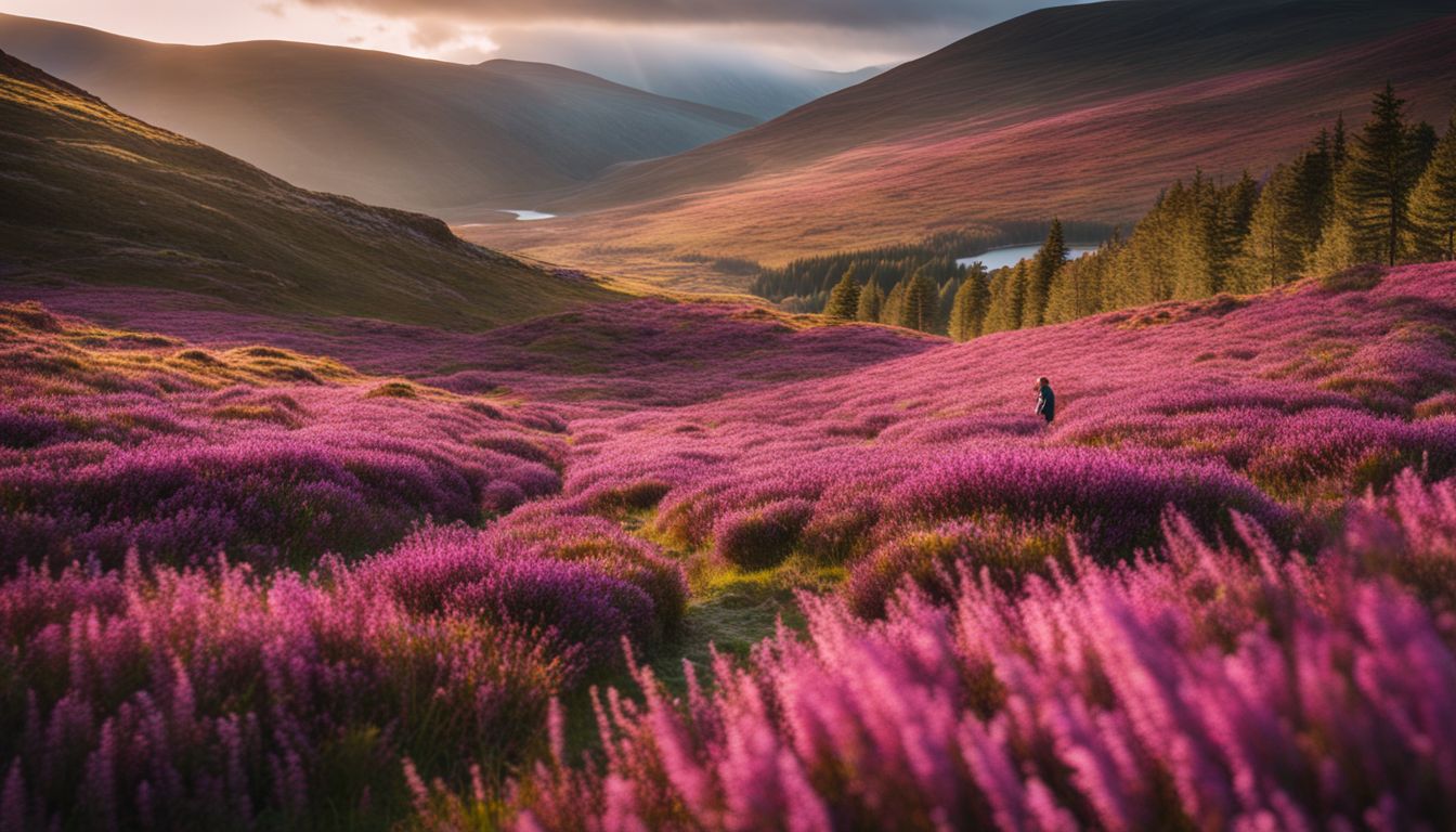 A stunning photo of a vibrant field of blooming heather plants in the Scottish Highlands with diverse people and outfits.