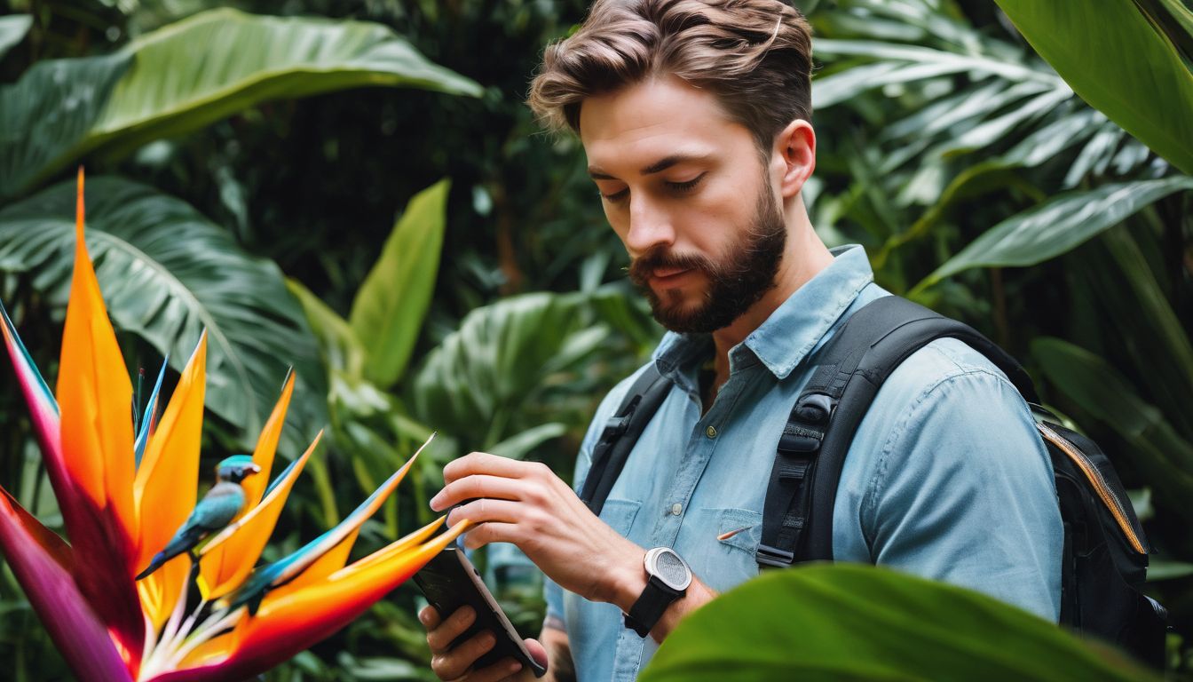 A person confidently examines a healthy Bird of Paradise plant in a lush garden, surrounded by diverse people and nature.