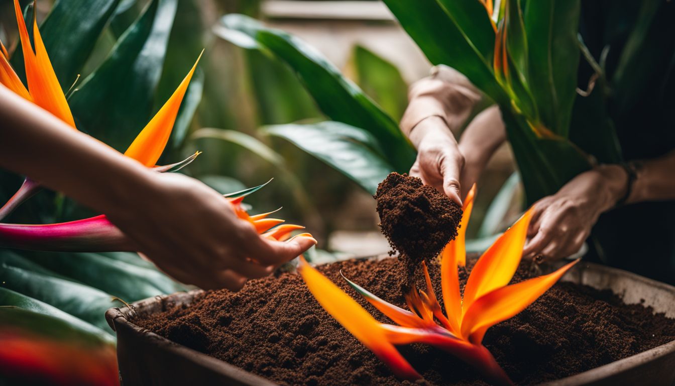 A person fertilizing a Bird of Paradise plant with precision and care.