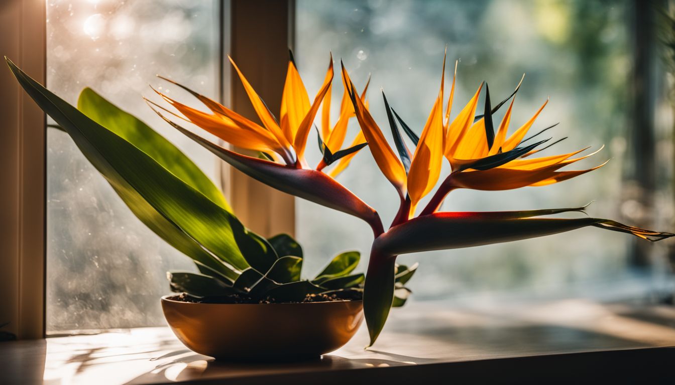 A Bird of Paradise plant is shown near a window, with bright light streaming in and the photo has a cinematic feel.