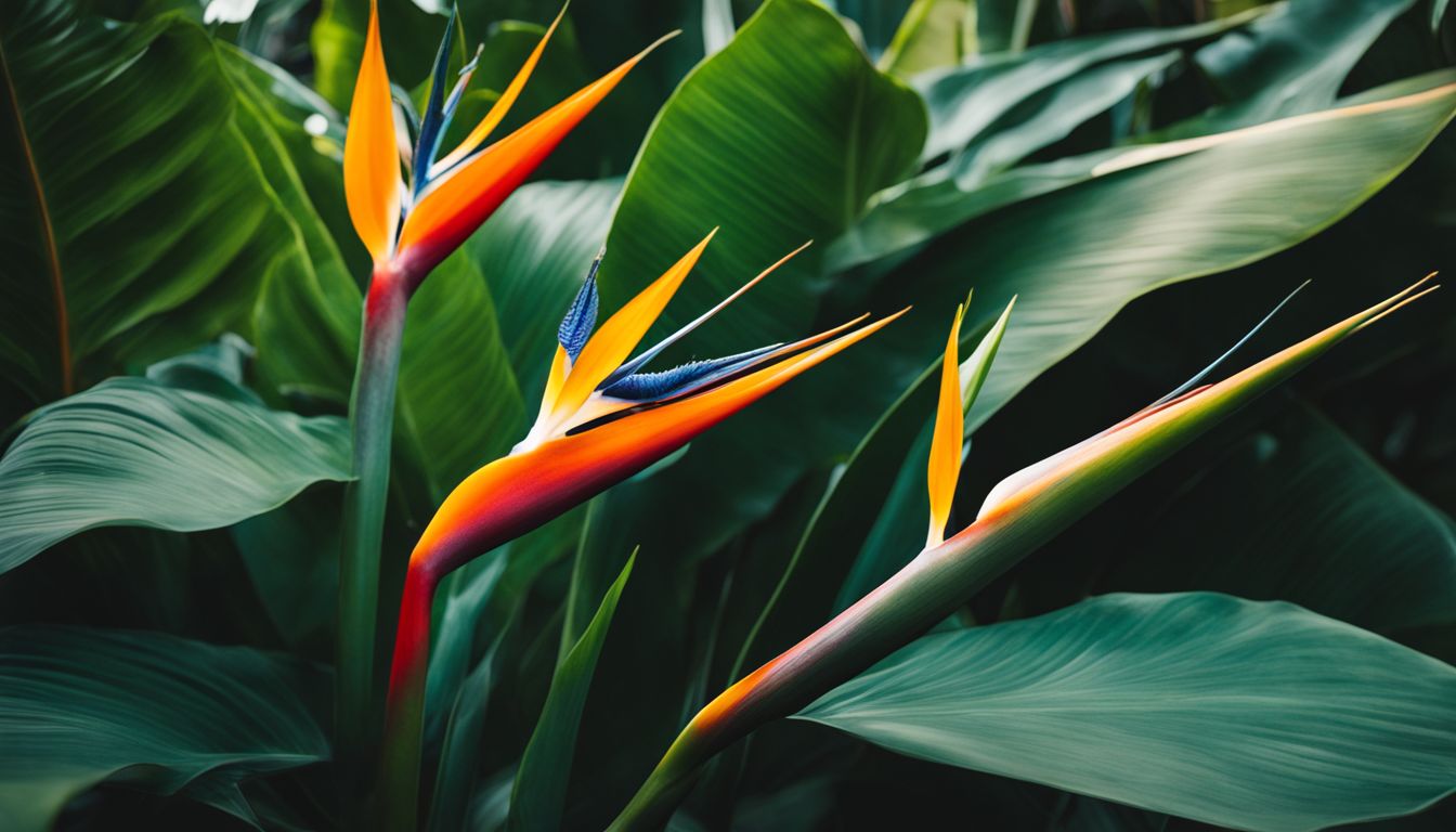 A close-up photo of a Bird of Paradise plant surrounded by lush greenery, taken with a DSLR camera.